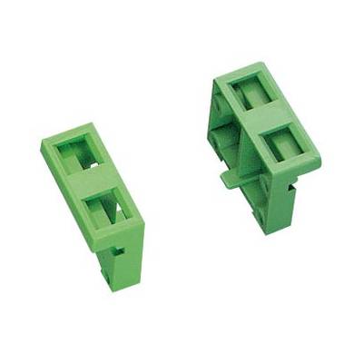 Deux pièces en plastique vert qui ressemblent à des boîtiers de connecteurs ou de bornes, isolées sur un fond blanc.