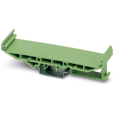 Pièce rectangulaire en plastique vert, avec des clips latéraux, montée sur un support métallique, vue de côté.