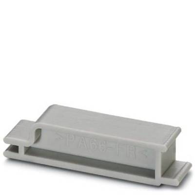 Clip en plastique gris portant l'inscription 'PA66-FR', de forme rectangulaire, conçu pour des applications de fixation.