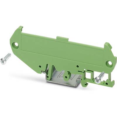 Support métallique avec un couvercle en plastique vert et deux vis, probablement destiné à la fixation dans un dispositif technique.