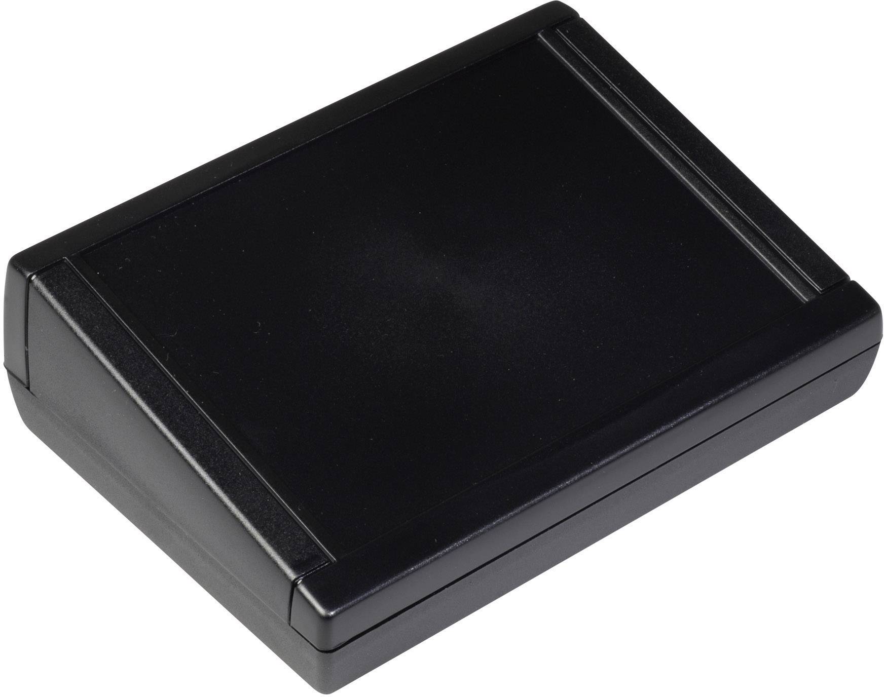Boîtier en plastique noir rectangulaire à coins biseautés. Adapté pour les projets électroniques ou les appareils.