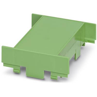 Pièce rectangulaire en plastique vert, avec des points d'ancrage latéraux et un bord surélevé à chaque extrémité. Utilisée dans les appareils électriques.
