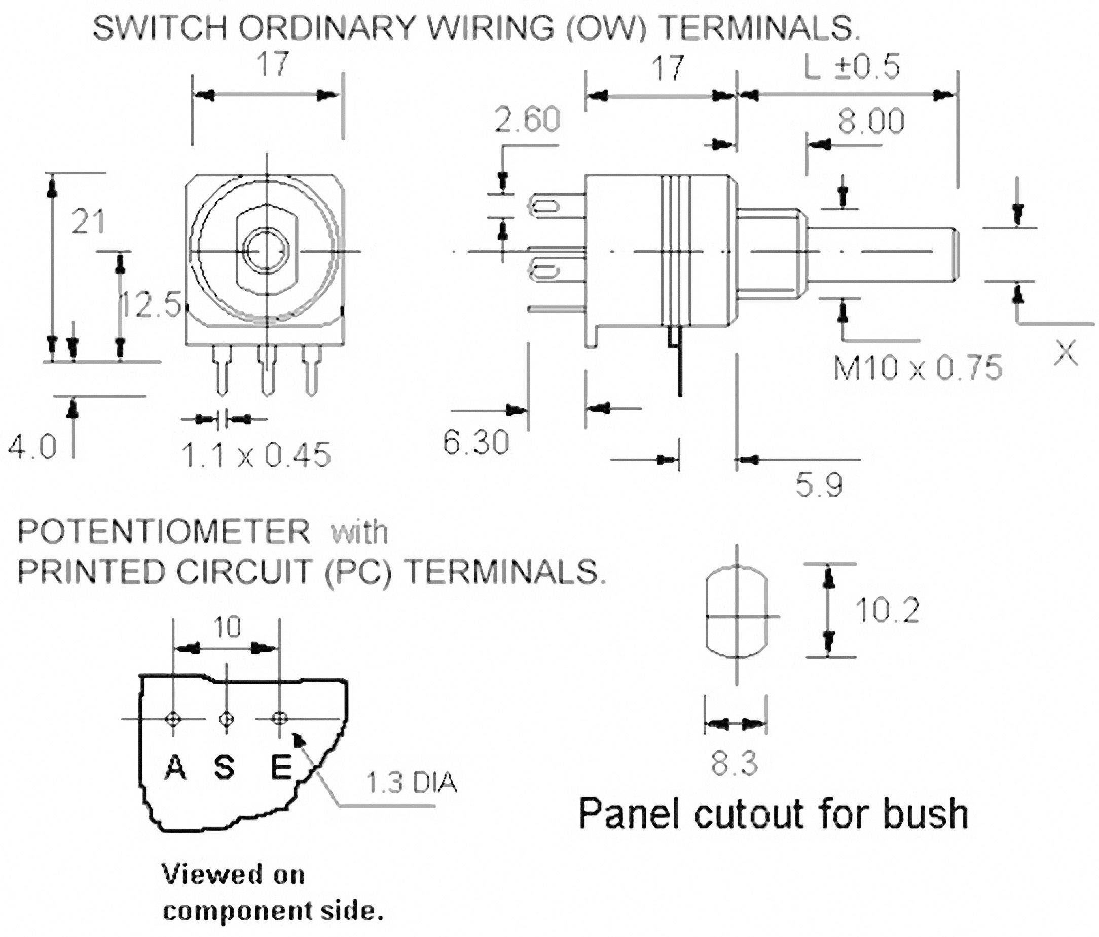 Dessin technique d'un interrupteur et d'un potentiomètre avec dimensions et annotations, incluant les détails de connexion et la découpe de panneau.