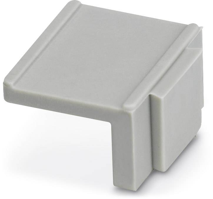 Équerre en plastique grise, de forme rectangulaire, avec deux plans et une encoche rectangulaire. Utilisée pour le recouvrement ou la connexion.
