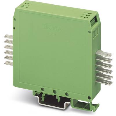 Boîtier de relais électrique vert avec plusieurs connexions latérales, monté sur un rail DIN.