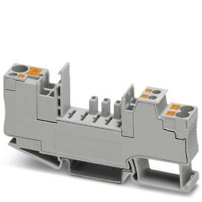 Barrette de connexion gris-orange à plusieurs points de raccordement et contact sur rail, utilisée pour le câblage électrique dans les boîtiers de commutation.