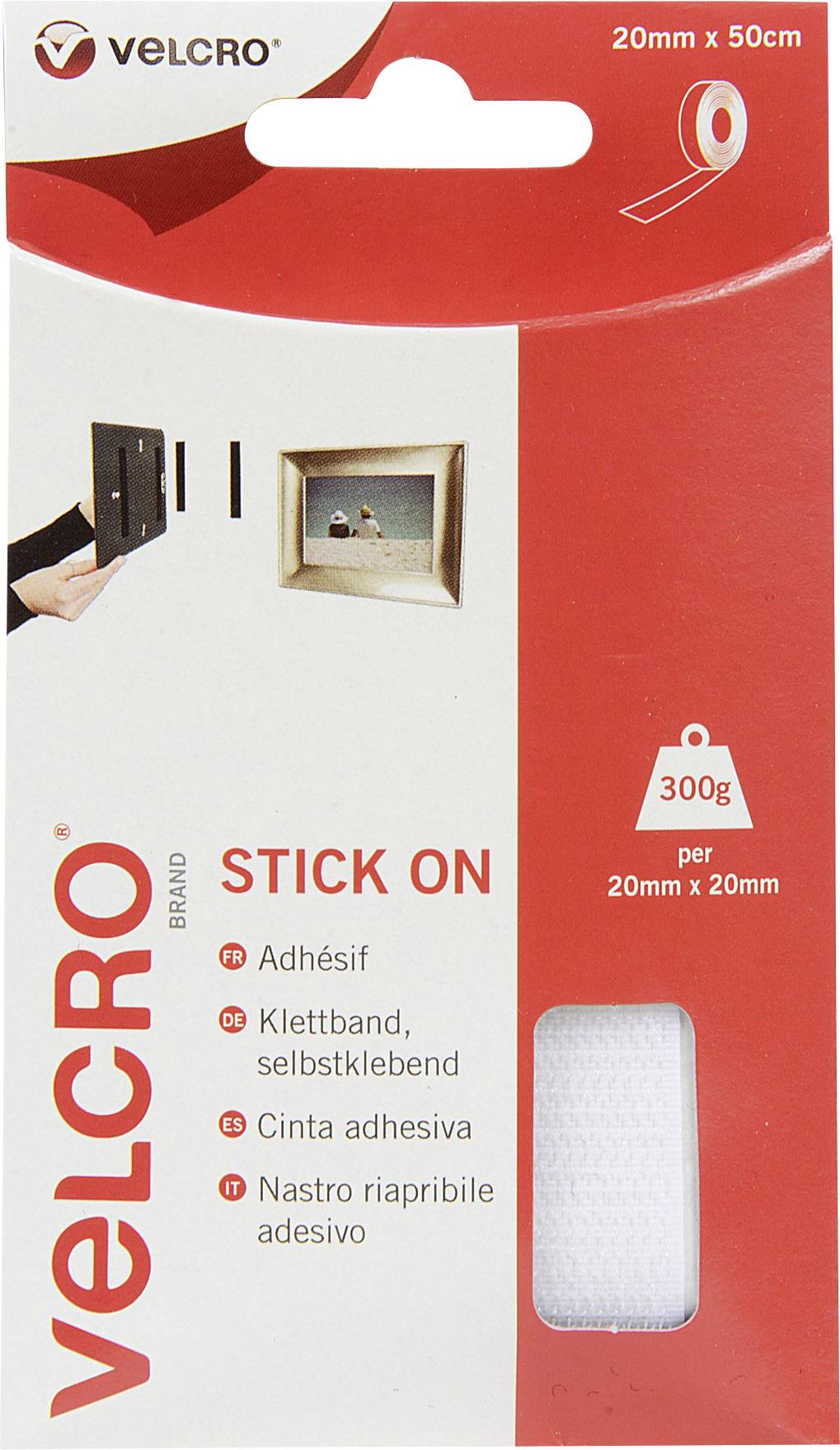 Emballage de ruban auto-agrippant blanc de la marque Velcro, adapté pour les charges légères jusqu'à 300 g. Dimensions 20 mm x 50 cm, auto-adhésif.
