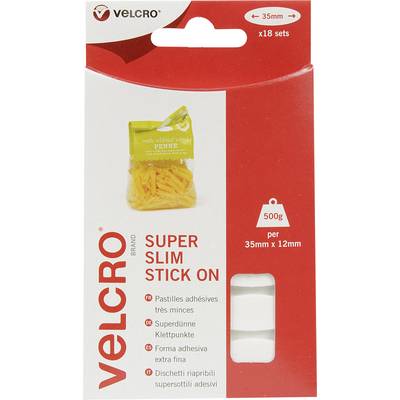 Emballage de 'Velcro Super Slim Stick On', contient 18 ensembles de points auto-agrippants, adapté pour des emballages jusqu'à 500g, 35mm x 12mm.
