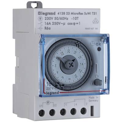 Horloge programmable dans un boîtier : 230V, 50/60Hz, 16A. Cadran rotatif pour régler les heures de marche/arrêt. Marque : Legrand.