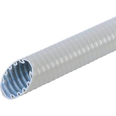Tuyau en plastique gris, flexible, à surface ondulée et à extrémité ouverte, visible dans une vue diagonale.