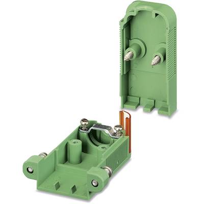 Fiche électrique verte avec partie de boîtier amovible, montrant des points de contact métalliques et des connexions à vis.