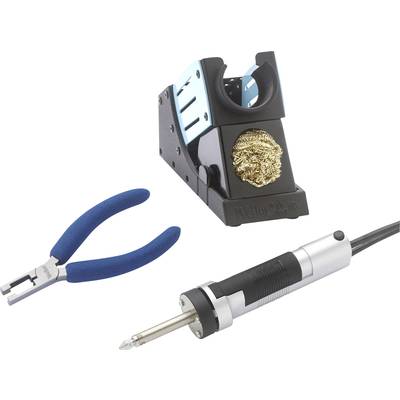 'Fer à souder avec support, éponge à souder et pince bleue. Outil pour réparations électroniques.'