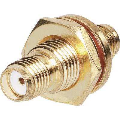 Connecteur coaxial doré avec filetage et isolant, adapté pour les transmissions haute fréquence dans les dispositifs électroniques.