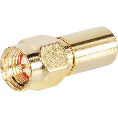 'Adaptateur coaxial doré avec une fiche F vers une prise SMA. Adapté pour la connexion de signaux électriques dans les systèmes d'antenne.'