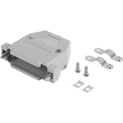 Boîtier de connecteur en plastique gris avec vis et cosses métalliques, adapté pour la fixation et le raccordement sécurisé des câbles.
