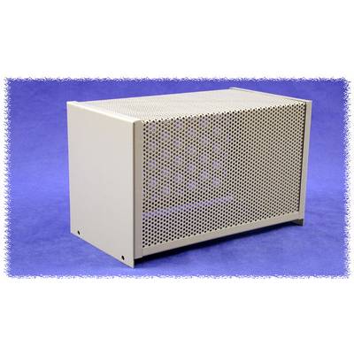 Un boîtier rectangulaire blanc en tôle perforée sur un fond bleu. Il est sobre et présente des trous de ventilation sur les surfaces visibles.
