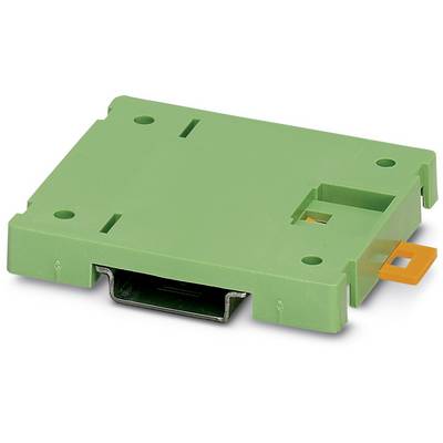 Un boîtier rectangulaire en plastique vert avec plusieurs ouvertures et un levier orange sur le côté.