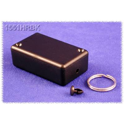 Boîtier rectangulaire en plastique noir pour équipements électroniques, avec coins arrondis. Comprend un couvercle à vis et un anneau métallique.