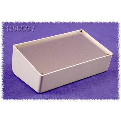 Un boîtier métallique rectangulaire avec un bord biseauté, posé sur une surface mauve. Adapté pour le rangement de composants électroniques ou comme boîte de projet.