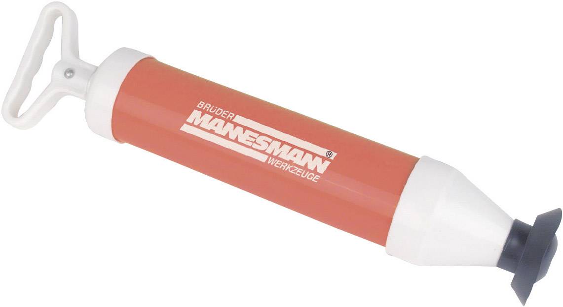 Une pompe manuelle rouge avec une poignée blanche et l'inscription 'Frères Mannesmann Outils', utilisée pour transvaser des liquides.