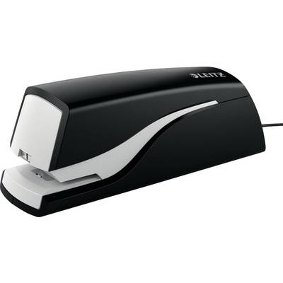 Agrafeuse électrique en noir avec une bande d'accent blanche, adaptée aux travaux de bureau.