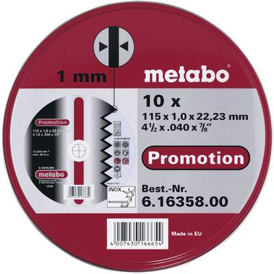 Disque de coupe rond en métal de scie avec un fond rouge. Inscription : 'metabo', 'Promotion', Taille : 115 x 1,0 x 22,23 mm.