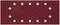 Papier de verre rectangulaire rouge avec plusieurs trous ronds, probablement adapté pour une ponceuse.
