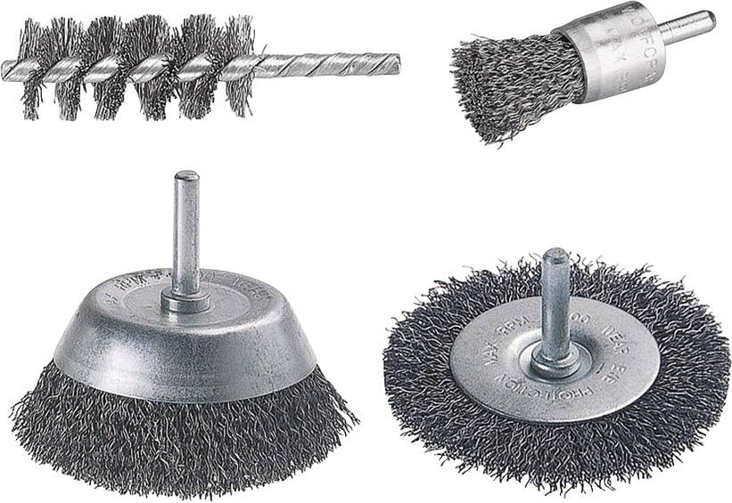 Quatre brosses métalliques différentes : une brosse métallique circulaire, une brosse cylindrique, une brosse pour tubes et une brosse radiale à embout, destinées à des travaux de nettoyage.