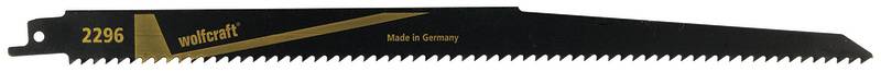 Lame de scie sur fond noir avec inscription dorée 'wolfcraft 2266, Made in Germany'. Adaptée pour les coupes dans le bois.