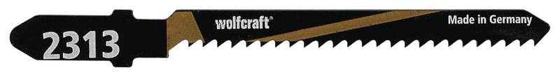Une lame de scie noire portant l'inscription 'wolfcraft 2313' et 'Made in Germany'.