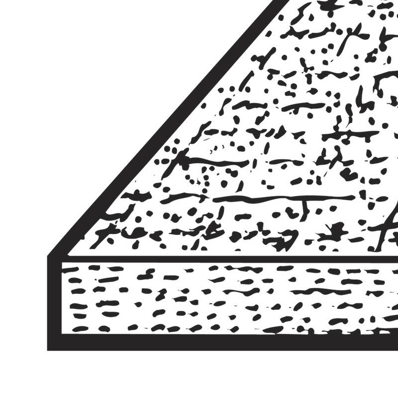 Un triangle stylisé et ombré sur un rectangle hachuré. La texture rappelle des œuvres d'art rustiques ou dessinées à la main.
