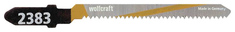Lame de scie sauteuse portant l'inscription '2383 Wolfcraft Made in Germany'. La lame présente un tranchant dentelé et un ancrage robuste.