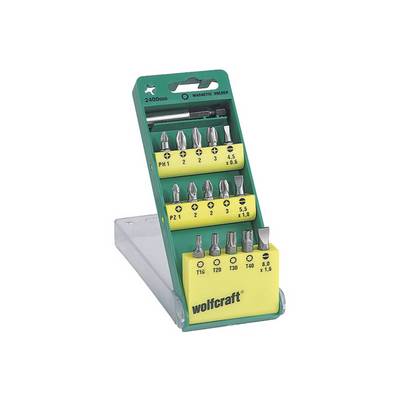 Coffret d'embouts Wolfcraft avec porte-embout magnétique. Contient 12 embouts de différentes tailles, adaptés aux vis Phillips, Pozidriv et Torx.
