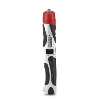 Un tournevis sans fil à manche noir, boîtier blanc et tête rouge, adapté pour visser des pièces métalliques.