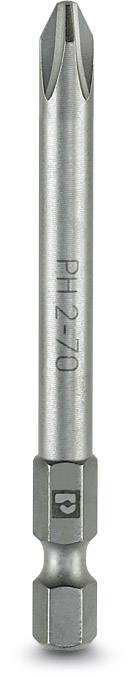 Un embout de tournevis en argent avec une tête cruciforme et une tige hexagonale. Le numéro de modèle 'PH2-70' y est gravé.