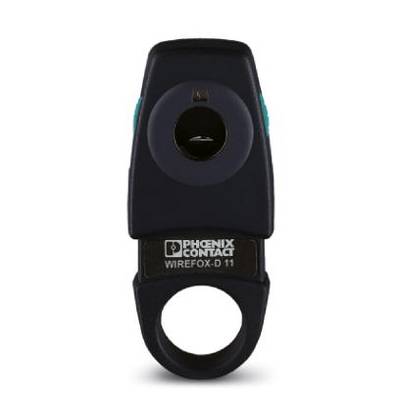 Un coupe-câbles noir avec un trou ovale et une lame bleue, le logo de marque 'Phoenix Contact' et le nom de modèle 'Wirefox-D 11' bien visible.