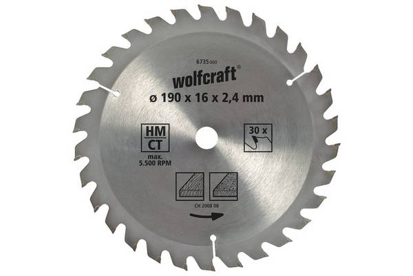 Lame de scie circulaire au carbure Wolfcraft 6735000 190 x 16 mm Nombre de dents: 30 1 pc(s)