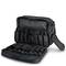 Trousse de maquillage noire avec plusieurs compartiments et un support de pinceaux amovible, ouverte et vide.