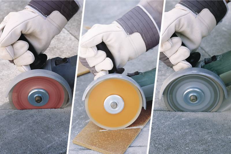 Trois images illustrent la coupe de matériaux à l'aide d'un disque à tronçonner : béton, céramique et métal, chacun avec des disques différents.