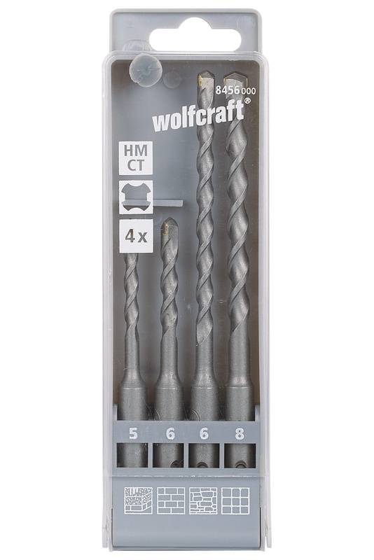 'Ensemble de quatre forets à béton de différentes tailles (5, 6, 6, 8 mm) dans un emballage en plastique transparent de la marque Wolfcraft.'