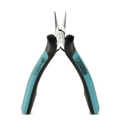 Une pince avec des poignées bleues et des mâchoires pointues en métal est posée sur un fond blanc. Elle est adaptée aux travaux de précision.