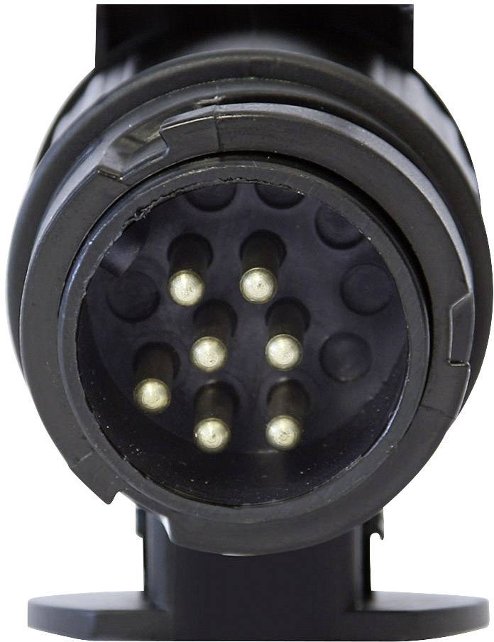 Connecteur à sept broches en plastique noir, représenté de face. Utilisé pour les connexions électriques dans les véhicules.