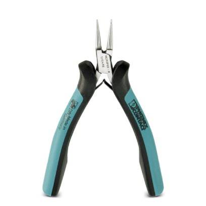 Une pince ronde bleue avec une poignée noire, adaptée à la fabrication de bijoux et aux travaux artisanaux délicats.