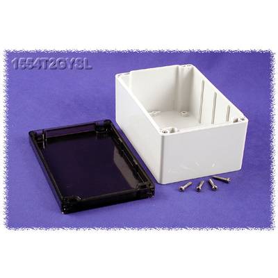Boîte en plastique blanche, rectangulaire, avec un couvercle transparent amovible et quatre vis argentées, sur un fond violet.