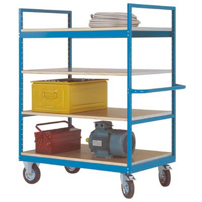 Un chariot bleu avec quatre étagères en bois. En haut, de la vaisselle, en dessous une boîte jaune, une boîte à outils rouge et un moteur électrique.