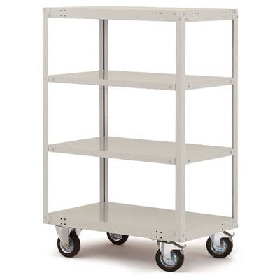 Un chariot de stockage gris à quatre niveaux et quatre roues pivotantes.