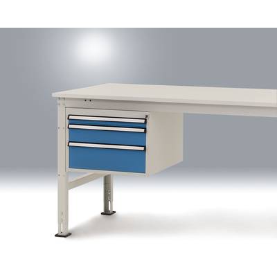 Bureau blanc avec deux tiroirs bleus sur le côté gauche, sur un fond gris.