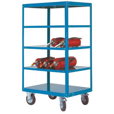 Un chariot métallique bleu à quatre roues et trois étagères. Des extincteurs rouges sont posés sur les étagères du milieu.