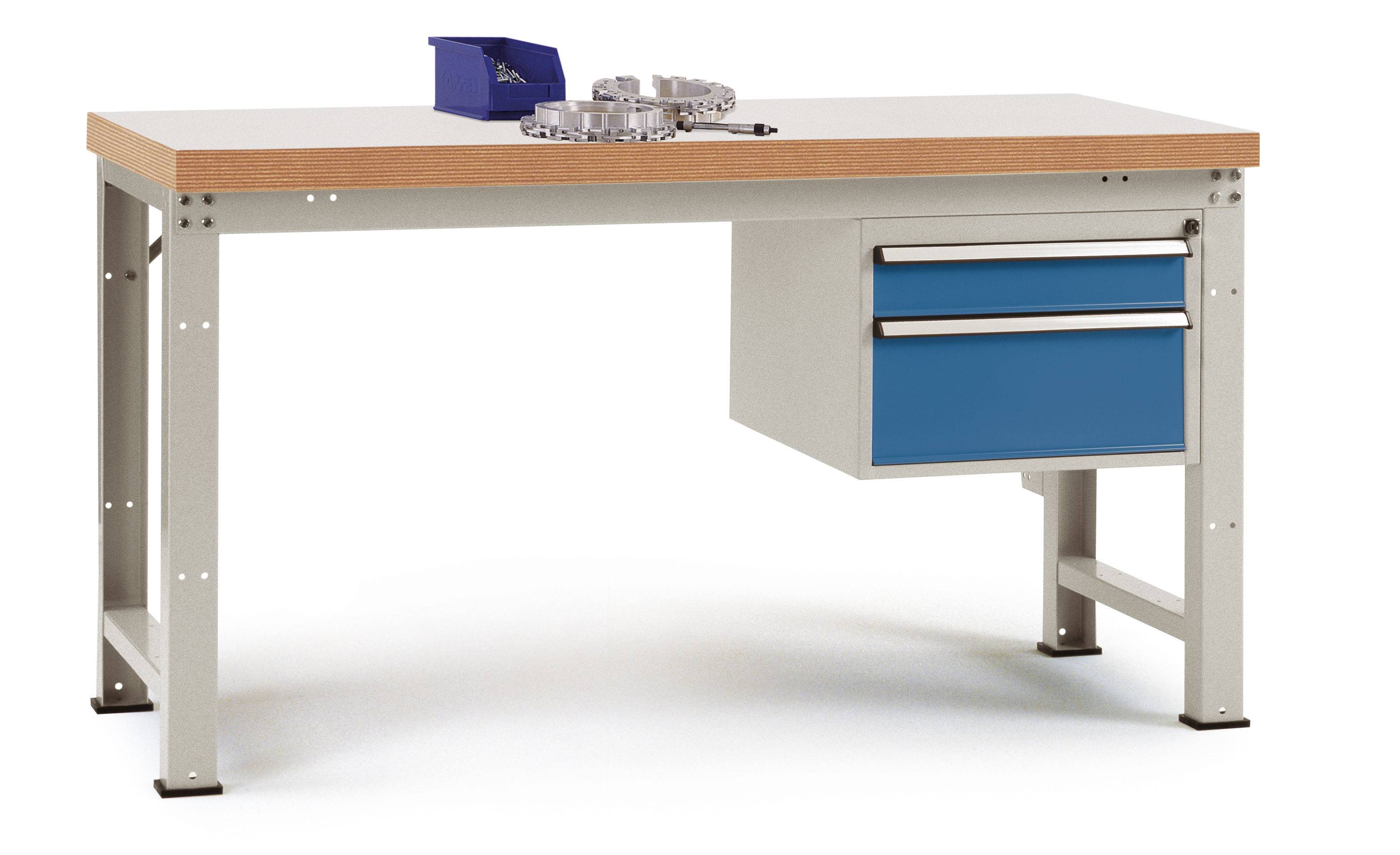 Une table avec un cadre en métal et un plateau en bois, sur laquelle reposent quelques outils. Sur le côté droit se trouvent deux tiroirs bleus.