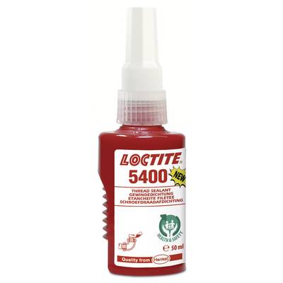 Bouteille rouge avec bouchon blanc, portant l'inscription 'Loctite 5400' et 'Thread Sealant', 50 ml, de Henkel. Utilisé pour l'étanchéité des filetages.